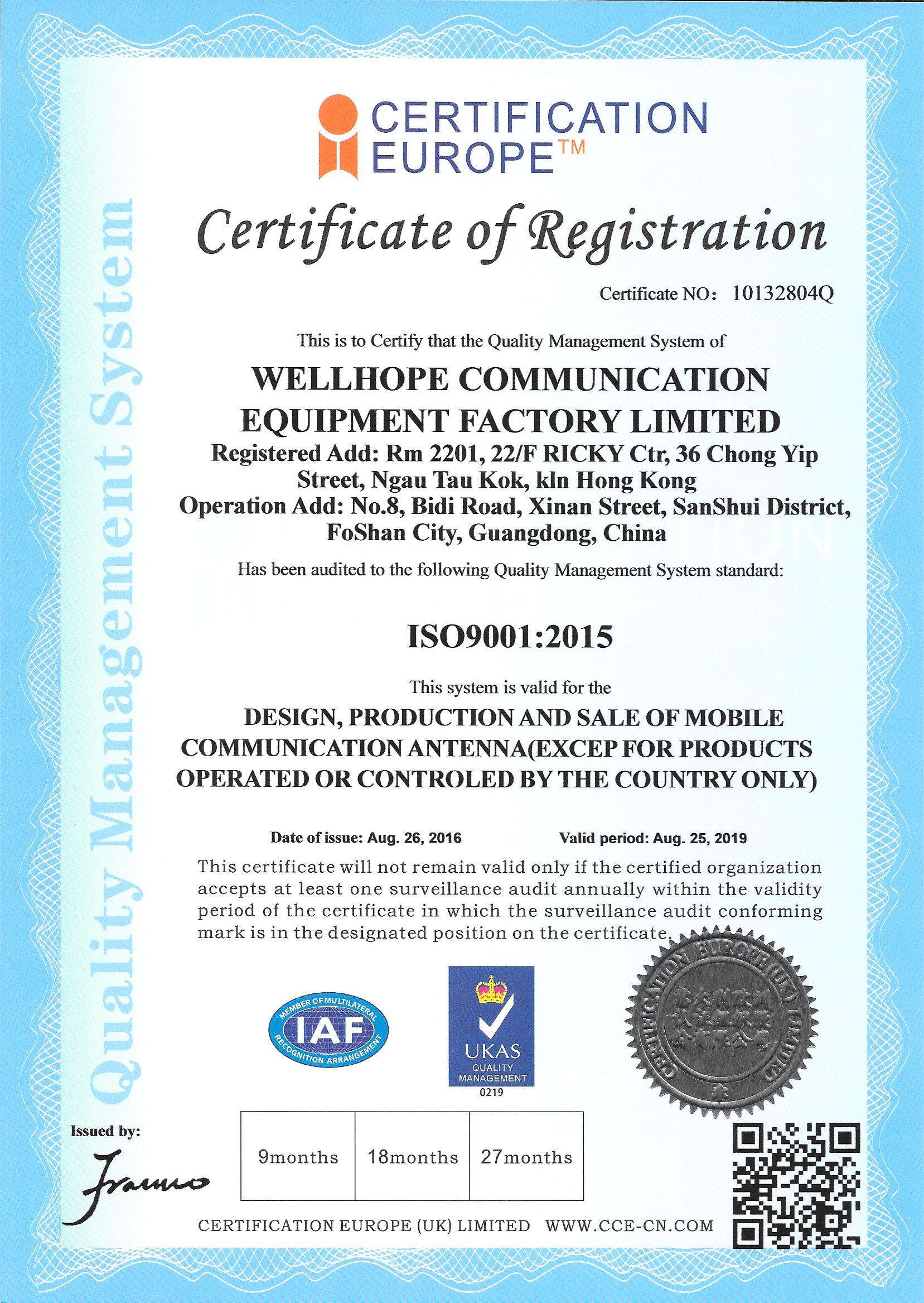   Wellhope inalámbrico aprueba por ISO9001